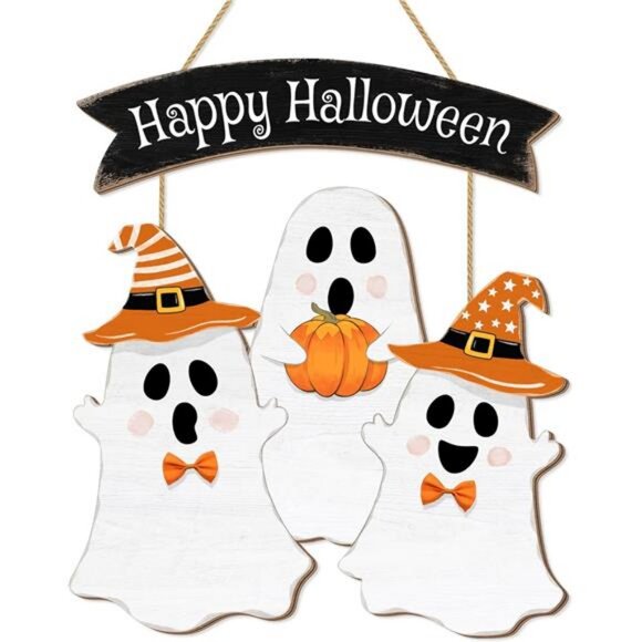 Halloween Ghost Door Sign BOO Decorations, Happy Halloween Wooden Ghost Hanging - Picture 1 of 8